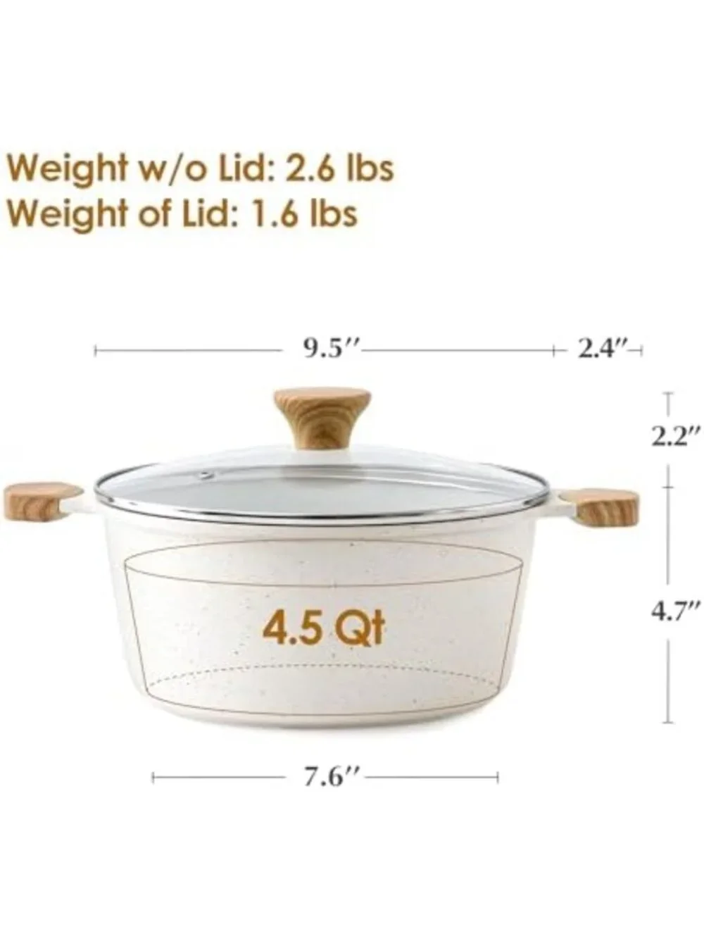 4.5 Quart White Ceramic Nonstick Stock Pot with Lid - Durable, Easy Clean